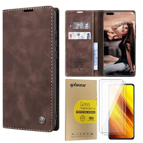 Coque Samsung Galaxy A10 Avec 2 Pièces Verre Trempé Protection D'écran,Portefeuille Etui En Cuir Pu Premium Housse Pour Samsung Galaxy A10,Antichoc Housse,Cafe
