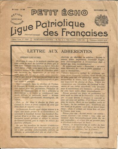 Petit Écho Ligue Patriotique Des Françaises Nov 1929 N°345 Journal Mensuel Action Sociale Catholique 8 Pages