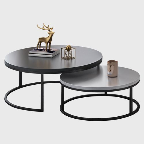 Table Basse Ronde 2 Pièces, Tables Basses Gigognes, Design Moderne, Bois Et Métal, Diamètre 80 Cm Et 60 Cm, Couleur Noyer, Idéales Pour Salon.