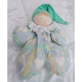 Doudou Poupée Chiffon Vintage Bleu Jaune Canard Bonnet Vert Grelot Prénatal