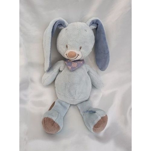 Doudou Peuche Lapin Bleu Bibou Bandana Carreaux Nattou 35 Cm