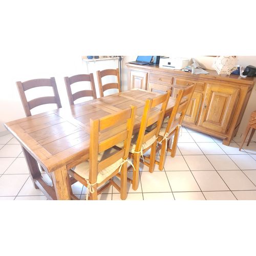 Salle À Manger Complète (Table Six Personnes + Deux Rallonges Donc Pour 10 Personnes - Six Chaises - Buffet Deux Tiroirs + 4 Placards) Le Tout En Bois Massif