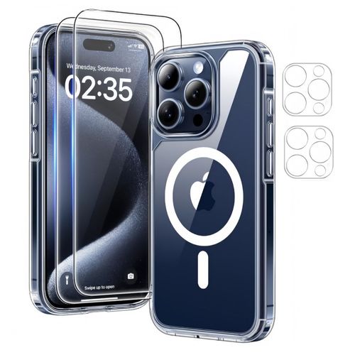 HQSELECTION® Coque Magnétique Compatible Avec MagSafe pour iPhone 15 PRO MAX 6,7 Pouces avec 2 Verres Trempés et 2 Caméra Protecteur,Transparent