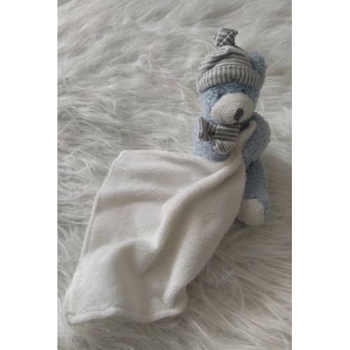 Doudou Ours Bleu Bonnet Gris Rayé Casino Mouchoir Blanc