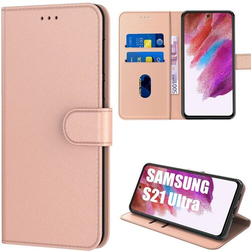Coque Pour Samsung S21 Ultra (6.8'') Rose Anti-Choc Couleur Unie Portefeuille Effet Cuir Porte-Carte Souple