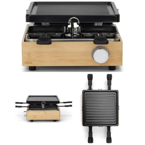 APPAREIL A RACLETTE EN BOIS DE BAMBOU 800W + GRILL pour 4 personnes Revêtement anti-adhésif