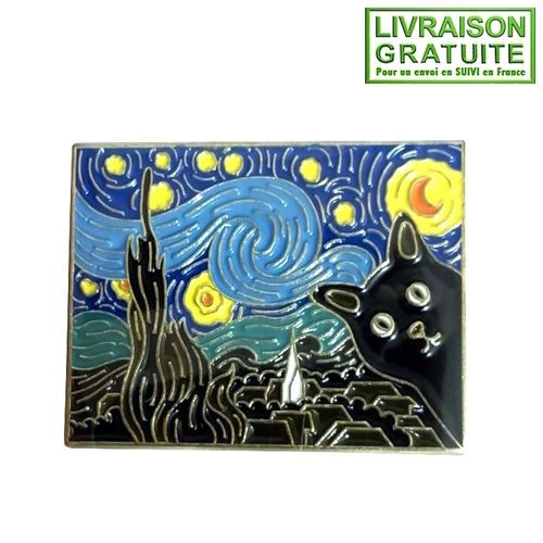 Pin'S Pins Chat Noir Dans Le Tableau La Nuit Étoilée De Vincent Van Gogh (Réf 1)