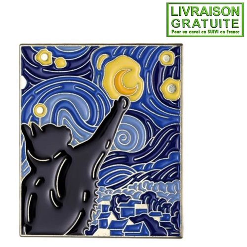 Pin'S Pins Chat Noir Dans Le Tableau La Nuit Étoilée De Vincent Van Gogh (Réf 2)