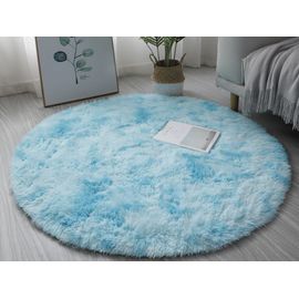 Tapis Rond En Peluche Teint, Antidérapant, Shaggy, Tapis De Sol, Bleu, 120x120cm