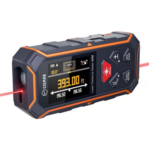 Télémètre laser bilatéral rouge CIGMAN CD-60R 393 pi/120 m, écran LCD, avec 6 unités pi/po/m, capteur d'angle, mode de mesure multiple, dos magnétique