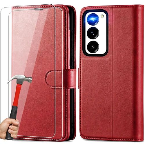 Coque Pour Samsung Galaxy S23+ / S23 Plus + 2 Verres Trempés, Effet Cuir Antichoc Intégral Portefeuille Rouge - Booling