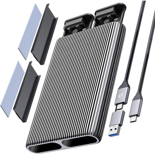 Dual-Bay Boîtier M.2 Nvme Ssd Aluminium Usb3.2 Gen2 10Gbps, M.2 Type-C Station D'Accueil Pour Pcie M-Key, B&M Key 2230/2242/2260/2280 Ssd, Sans Outil, Jusqu'À 4To- Am2-2N