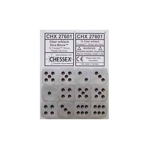 Lot De 12 Dés D6 - Frosted Clear W/Black Chessex 27601