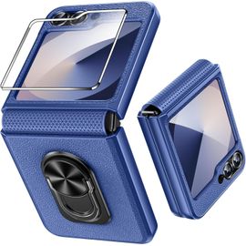 Kal-Coque Pour Samsung Galaxy Z Flip 7 Fe/Z Flip 6 Avec Protection D'écran Arrière & Charnière,Anneau Rotatif À 360 ° Etui,Antichoc Housse Case Cover Galaxy Z Flip 7 Fe/Z Flip 6,Bleu