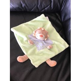 Doudou Lion Plat Carré, Tête De Lion Marron Sur Un Carré De Velours Bleu Et Vert Vagues Brodées Sur Le Velours Bleu Kiabi 30cm