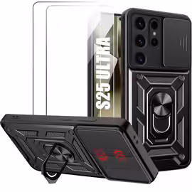 Coque + 2 Verres Trempés pour Samsung Galaxy S25 Ultra - Antichoc Support Anneau Arrière Rigide Bordure Renforcée - Noir - E.F.Connection