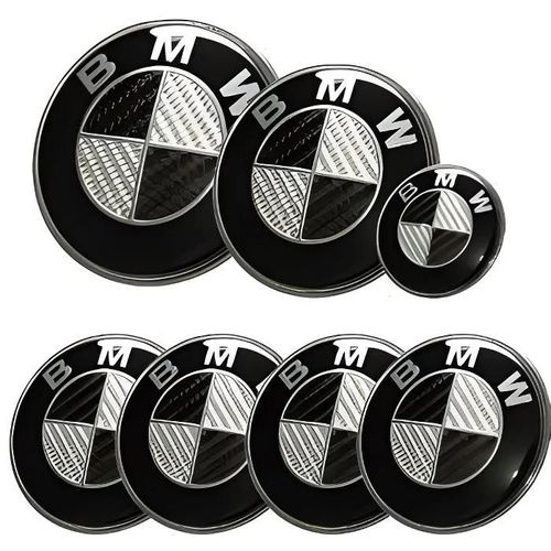 Kit 7 Badge Logo Embleme Bmw Carbone Noir Gris Capot 82mm + Coffre 74mm +Volant + 4 Cache Moyeu 68mm