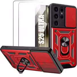 Coque + 2 Verres Trempés pour Samsung Galaxy S25 Ultra - Rigide Antichoc avec Anneau Support et Protection Objectif - Rouge - E.F.Connection