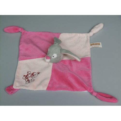 Doudou Lapin Plat Gris Rose Attache Tétine Rodadou
