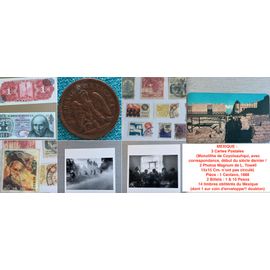 Mexique :  3 Cartes Postales (Monolithe De Coyolxauhqui, Début Du Siècle Dernier / 2 Photos Magnum De L. Towell ) / Pièce : 1 Centavo, 1888 / 2 Billets : 1 & 10 Pesos & 14 Timbres