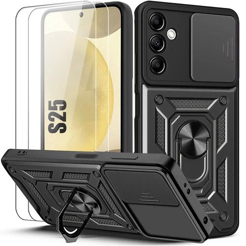 Coque et 2 Verres Trempés pour Samsung Galaxy S25 - Protection Renforcée Antichoc avec Cache Caméra Anti-Rayures Rigide - Noir - E.F.Connection