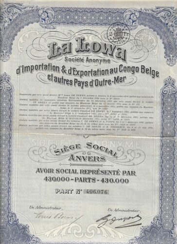 Avoir Social (Action) Ica Icowa Société Anonyme D'importation & D'exportation Au Congo Belge Et D'autres Pays D'outre-Mer.