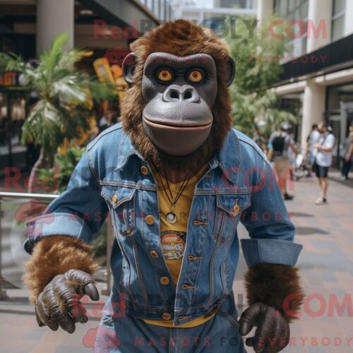 Costume De Mascotte Redbrokoly De Gorille Marron Habillé D Une Chemise En Jean Et De Colliers