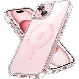 Coque Magnétique Pour Iphone 15 6,1 Pouces ¿ Compatible Magsafe, Charge Sans Fil, Bumper Antichoc, Dos Transparent Anti-Rayures, Bords Surélevés Protection Caméra/Écran (Transparent/Rose)