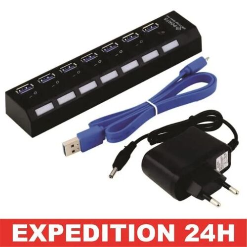 Hub USB 3.0 Alimenté pour PC: 7 Ports Adaptateur USB - Prise USB Multiple pour Ordinateur, Chargeur Multiport USB avec Interrupteur,