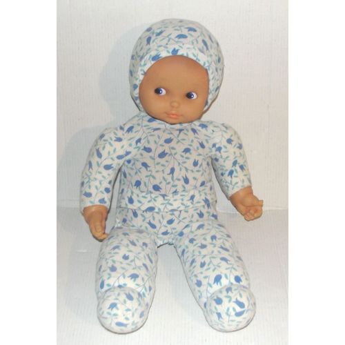 Doudou Poupée De Chiffon Bébé Clodrey Tissus Imprimé Tulipes Bleues Clodrey Langeais Jet Partout Vintage 36cm