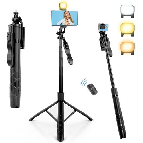 lbgwp60-Trépied Smartphone, 160Cm Extensible Perché À Selfie Trepied Téléphone Avec Stabilisateur Et Lumière De Remplis , Bluetooth Télescopique Compatible Avec Iphone,Android,Gopro,Appareil Photo