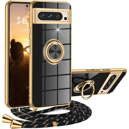 KAL-Coque Google Pixel 8 Pro Avec Cordon,Coque Google Pixel 8 Pro Avec Collier Silicone Housse 360° Voiture De Bague Magnétique Antichoc Étui Lanyard Case Téléphone Portable Protection Cover Avec Sup