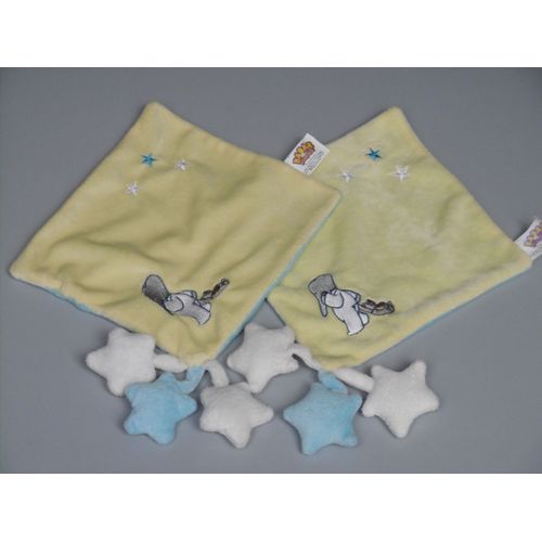 Doudou Babar Éléphant Plat Carré Jaune Bleu Étoiles Lot De 2 F.E.C.
