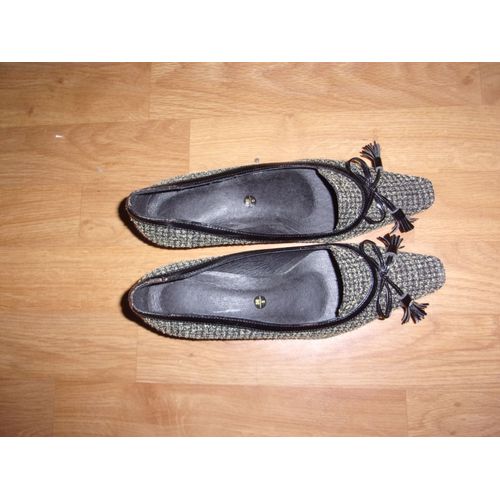 Escarpins Tweed Simili Cuir Tissu Noir Et Beige 38
