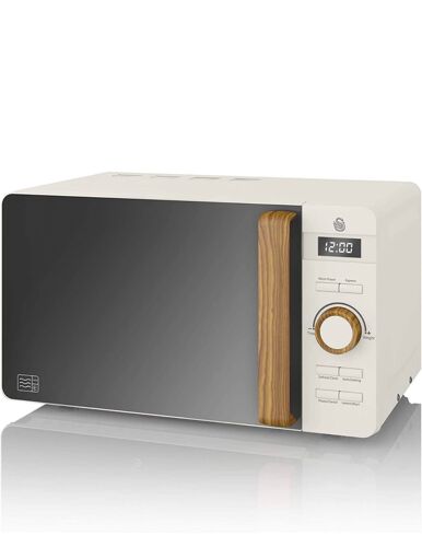 Swan Four à micro-ondes numérique Nordic 20 L, 6 niveaux de puissance, 800 W, minuterie de 30 minutes, nettoyage facile, mode dégivrage, design moderne, poignée effet bois, blanc mat