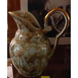 Cruche Faience Glaçure Marbrée Vert Amande & Or, Début Xxème