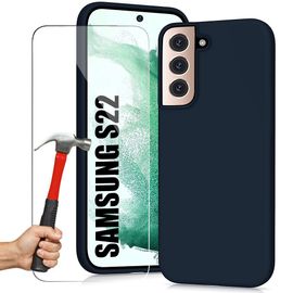 Coque pour Samsung S22 et 2 Verres Trempes Protection Silicone Matte Bleu Marine - E.F.Connection