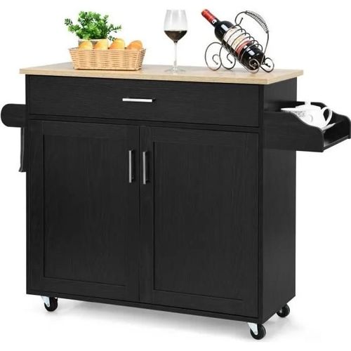 Costway Desserte De Cuisine, Bîlot De Cuisine À Roulettes Avec Grand Placard, Tiroir, Porte-Epices Et Porte-Serviettes Noir