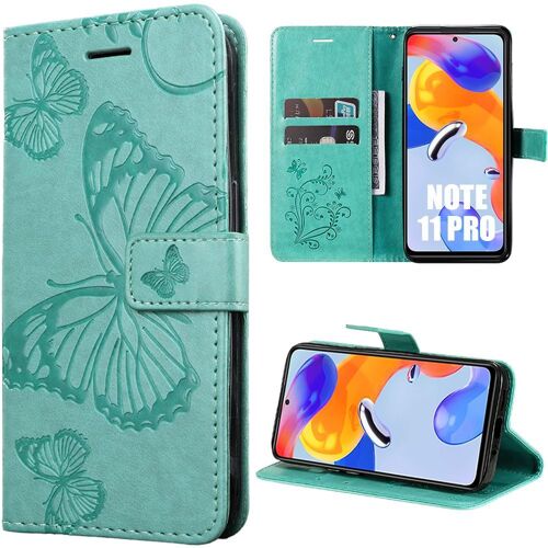 Coque Pour Xiaomi Redmi Note 11 Pro 4g/5g, Housse Portefeuille Cuir Pu Vert Motif Papillon Avec Support - Booling