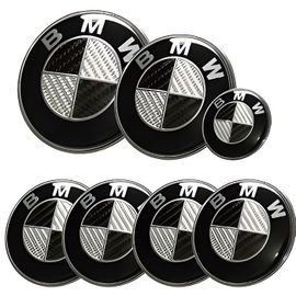 Kit 7 Badge Logo Embleme Bmw Carbone Noir Gris Capot + Coffre 82mm +Volant + 4 Centre De Roue