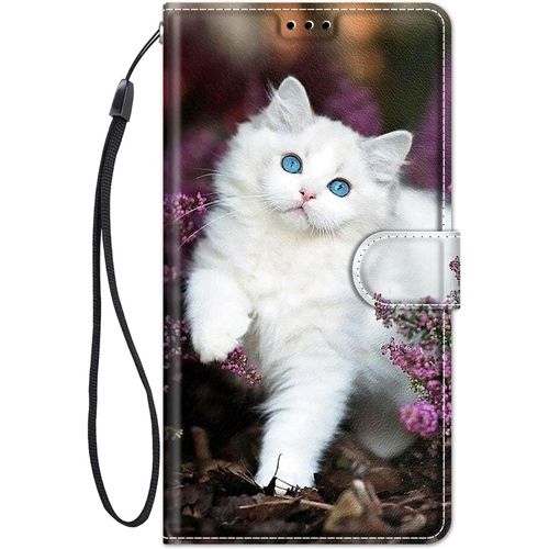 Coque Pour Samsung Galaxy A55 5g Housse Cuir Avec Protection Etui Portefeuille Antichoc Magnétique Étui À Rabat Pochette Cover Élégant Motif Pour Filles Femmes Flip Case - Chat Blanc