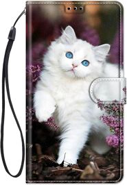 Coque pour Samsung Galaxy A55 5G Housse Cuir avec Protection Etui Portefeuille Antichoc Magnétique Étui à Rabat Pochette Cover élégant Motif pour Filles Femmes Flip Case - Chat Blanc