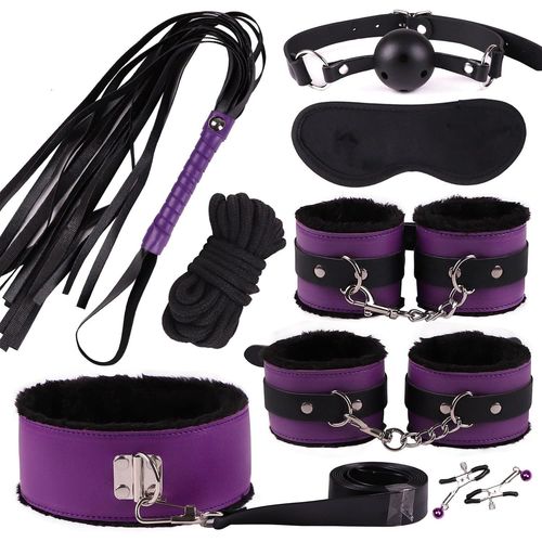 Eryi-Ensemble De Bondage Érotique 8 Pièces En Cuir Sm Sex Toy Avec Menottes Jouets Érotiques Parfaits Pour Les Couples Débutants (Violet)