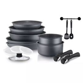 Batterie De Cuisine 15 Pièces Arthur Martin Poêles Et Casseroles Gris Mat En Aluminium Avec Accessoires