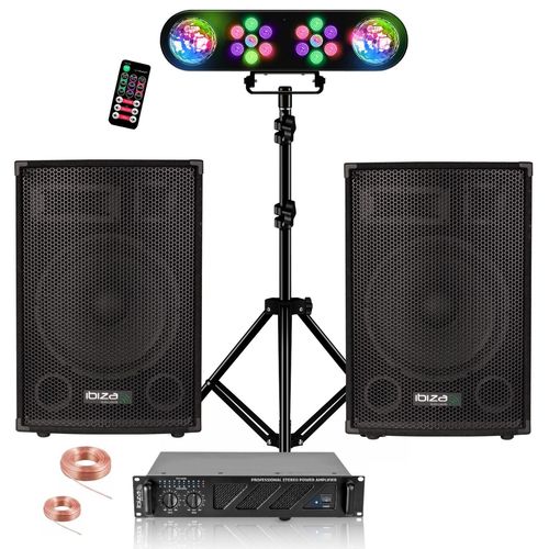 Pack Sono Ibiza Sound 3000W Total - 2 Enceintes Passives 2x700W - AmpliAMP1000-MKII 2x800W - Jeux Lumières Pied Réglable - Soirée