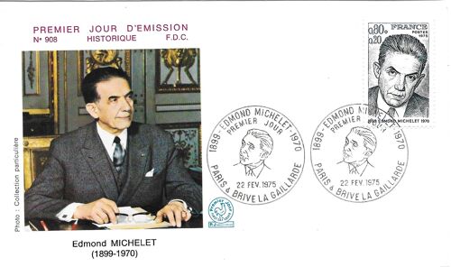 France 1975, Très Belle Enveloppe 1er Jour Fdc 908, Timbre Yvert 1825, Edmond Michelet, Homme Politique Français, État Neuf.