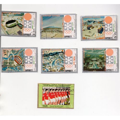 Yémen- Lot De 6 Timbres Oblitérés- Jeux Olympiques De Sapporo- Année 1972 Et 1 Timbre Oblitéré Coupe Du Monde De Football.