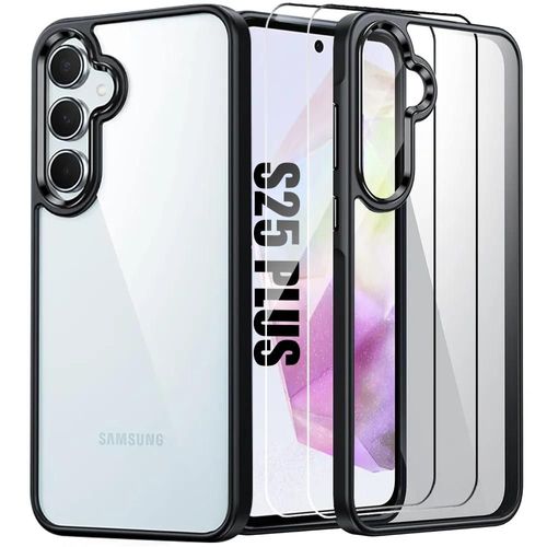Coque Pour Samsung Galaxy S25 Plus (Galaxy S25+) Anti-Rayures Dos Rigide Transparent Cadre Noir + 2 Verres Trempés - E.F.Connection