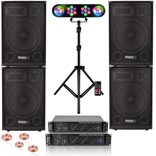 Pack Sono Ibiza Sound 4400W Total - 4 Enceintes Passives 4x700W - Ampli AMP1000-MKII 2x800W - Jeux Lumières Pied Réglable LEDS