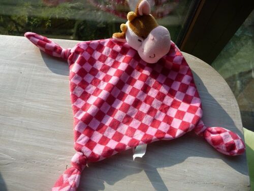 Doudou Plat Carreaux Rose Vif Et Rose Pale,Tete De Vache De Chez Russ